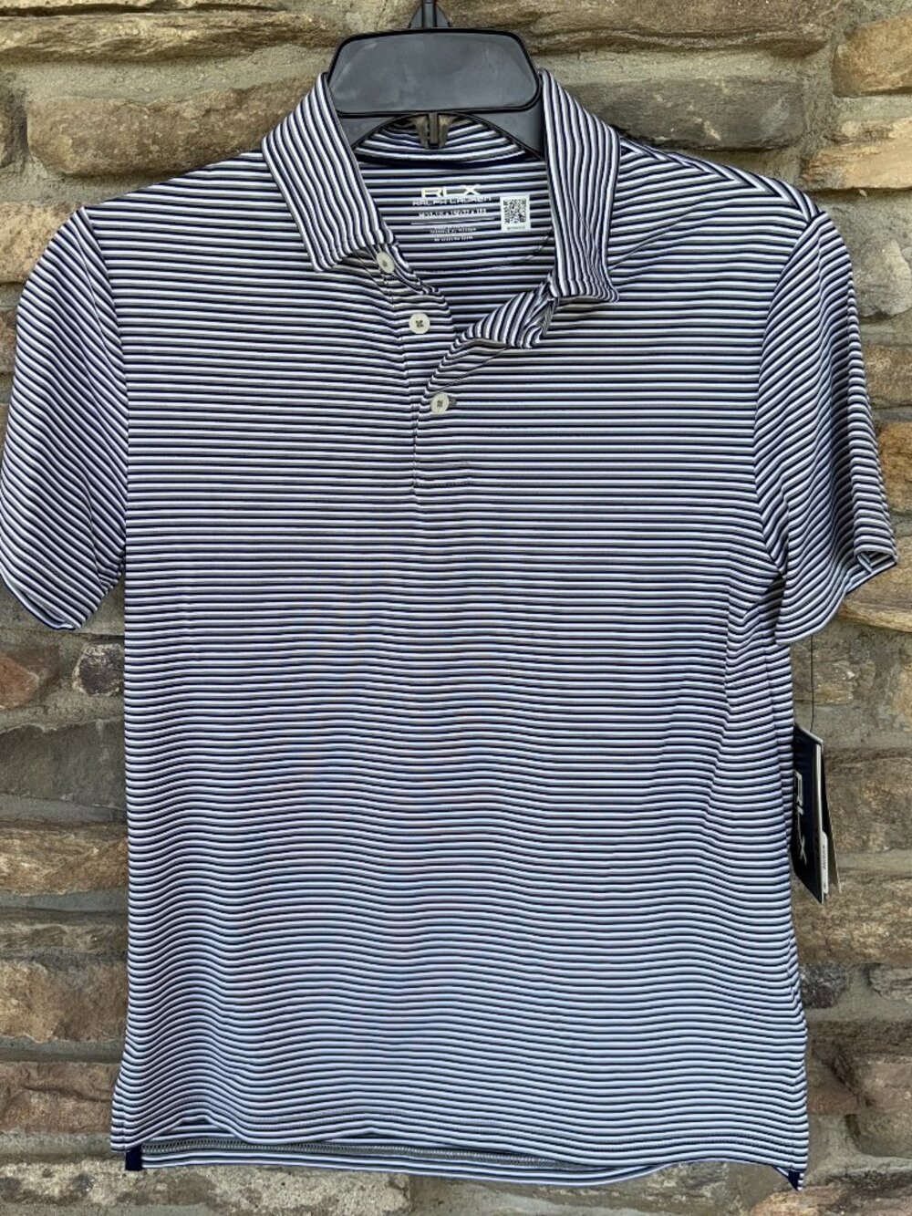 RLX Ralph Lauren Boy's MED Grey White Navy Striped Polo Shirt Athletic UPF NWT